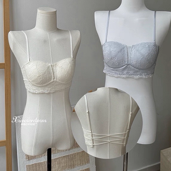 6253法式蕾丝性感美背抹胸女士固定杯一字领防走光内衣女裹胸露背