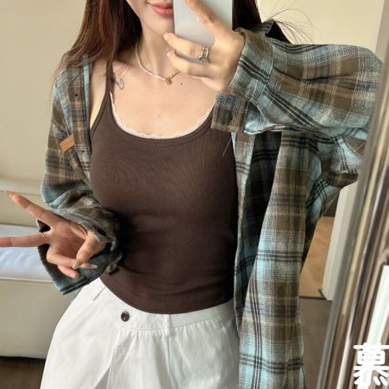时尚蕾丝工字背心珍珠绒螺纹美背