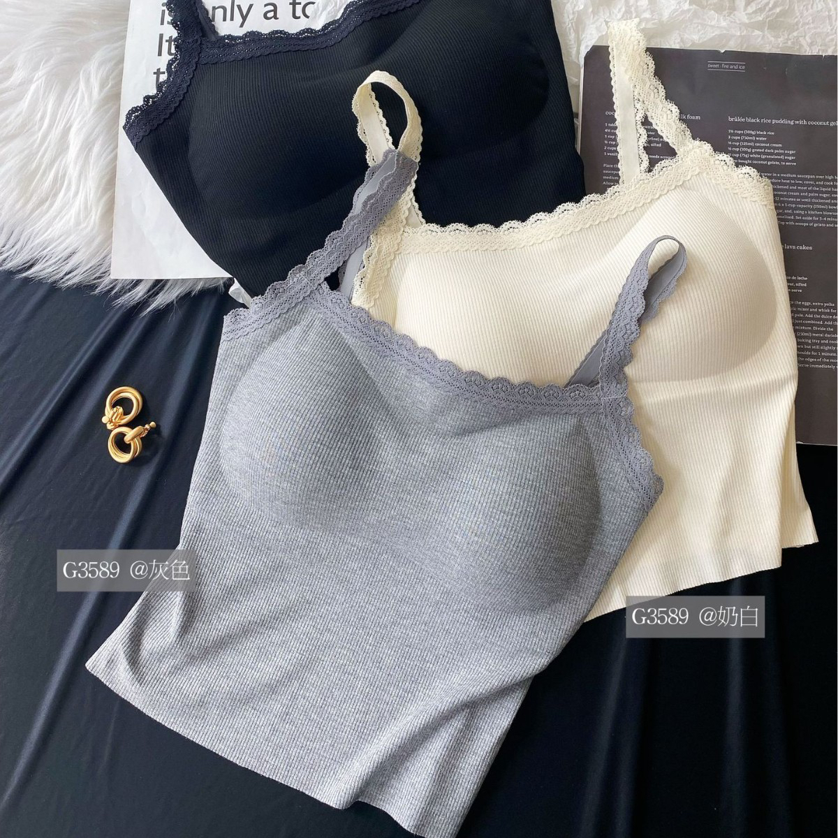 正品3589女春夏云感棉蕾丝花边吊带背心固定杯修身内搭打底美背心