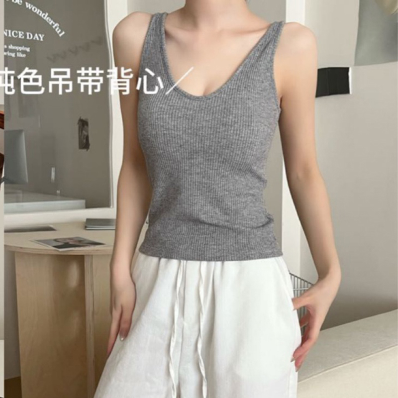 自带胸垫大U领工字背心早秋美背