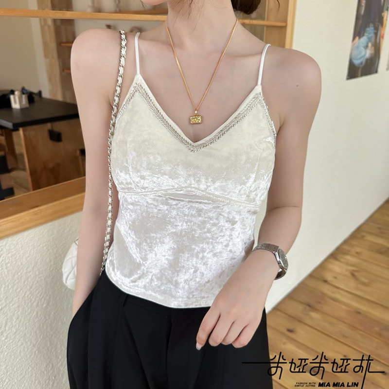 秋冬纯欲金丝绒蕾丝吊带背心上衣