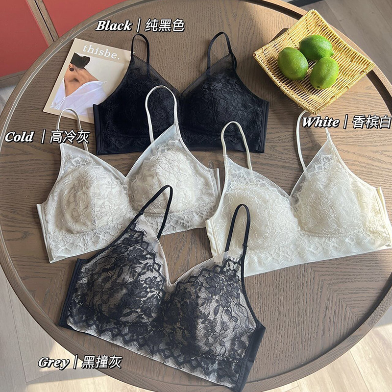 裸感无痕法式网纱美背内衣睫毛蕾丝固定杯大胸显小舒适裹胸抹胸女