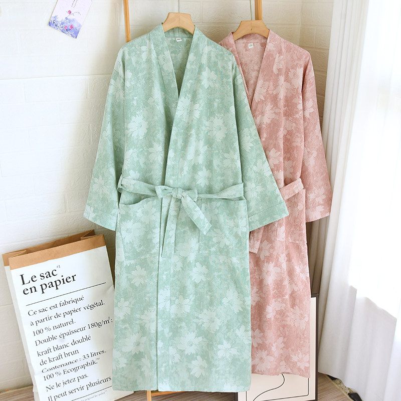 新款日系棉麻浴袍女夏季薄款亚麻色织提花浴衣和服睡袍大码汗蒸服