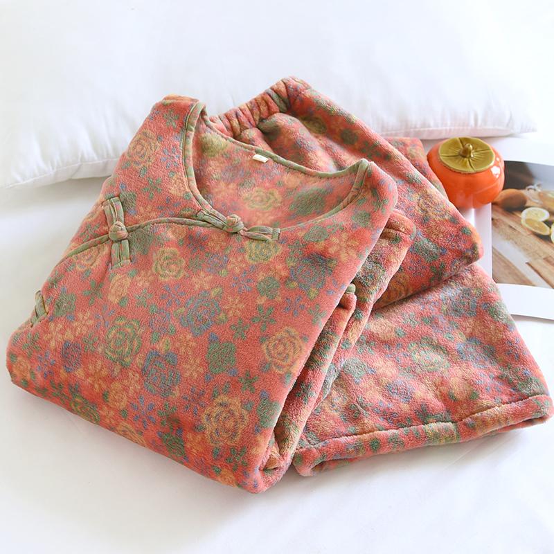 新中式法兰绒睡衣女士加厚保暖