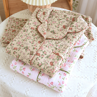 家居服套装 开衫 外穿 加厚纯棉空气夹棉翻领长袖 日系碎花睡衣女冬季