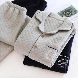 三层夹棉睡衣套装 男士 日系无印风保暖家居服 纯棉空气棉秋冬季 新款