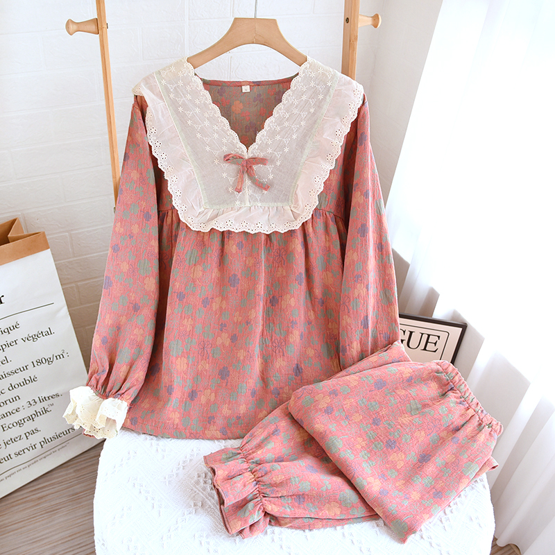 女士纯棉复古提花家居服花边甜美