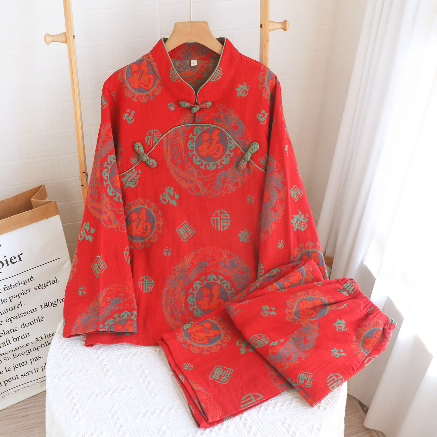 新款复古风红色福字纯棉睡衣女春秋提花国风盘扣本命年家居服套装,女士内衣/男士内衣/家居服,睡衣/家居服套装,淘宝优惠券,粉丝福利购,淘宝优惠卷