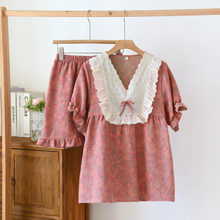 甜美蕾丝V领家居服复古提花套装 新款 短裤 短袖 纯棉纱布女睡衣夏季
