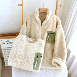 新款 男加厚保暖羊羔绒宽松家居服外穿 情侣法兰绒立领拉链睡衣上装