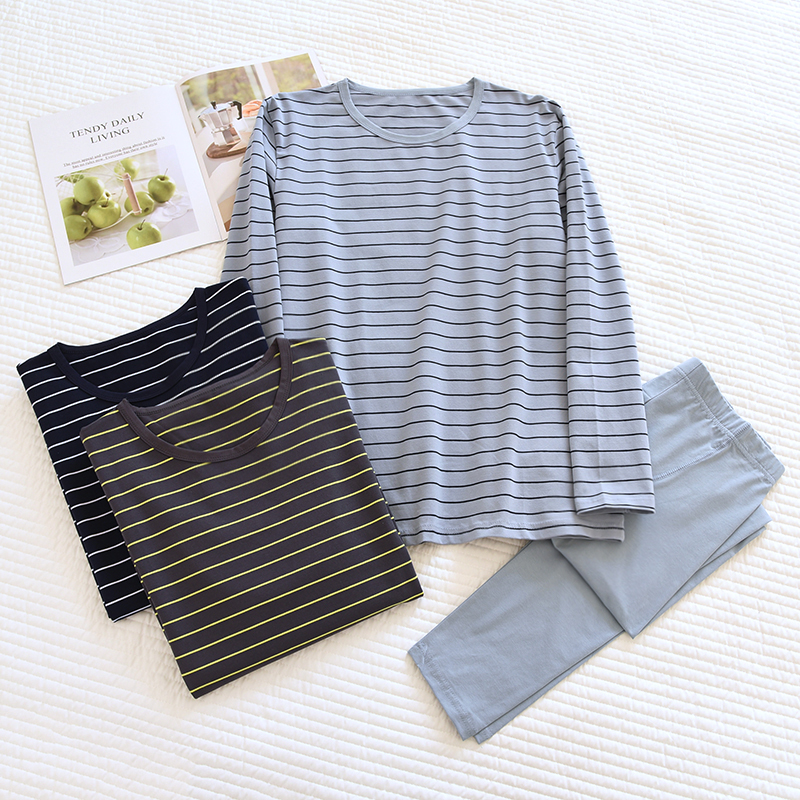 长袖男士日系针织棉条纹保暖内衣