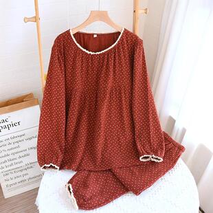 新款纯棉双层纱布睡衣女春秋季全棉圆领蕾丝花边公主风红色家居服