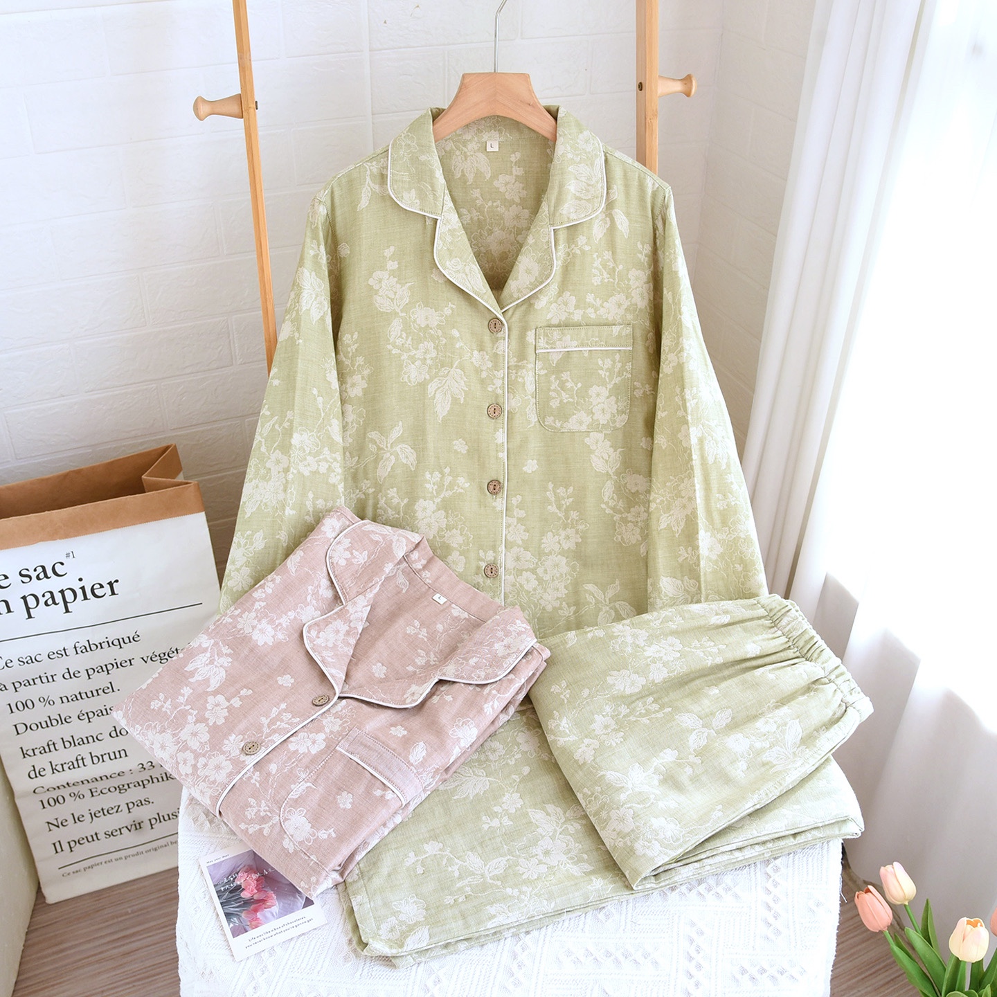 新款棉麻提花睡衣女士春秋季薄款