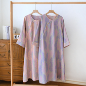 复古盘扣睡裙女纯棉色织纱布提花睡衣春夏薄款 长袖 国风家居裙外穿