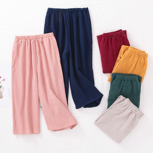 纯棉家居裤女夏天全棉水洗绉布