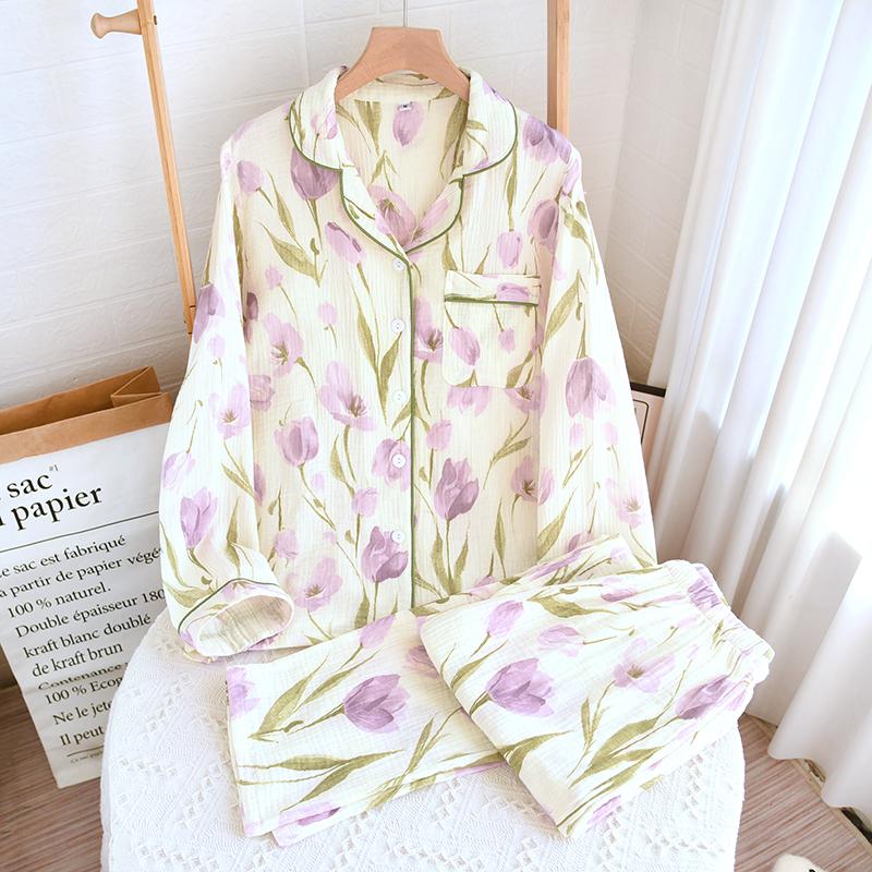 纯棉双层纱布睡衣女士春秋季新款长袖开衫甜美碎花全棉家居服大码