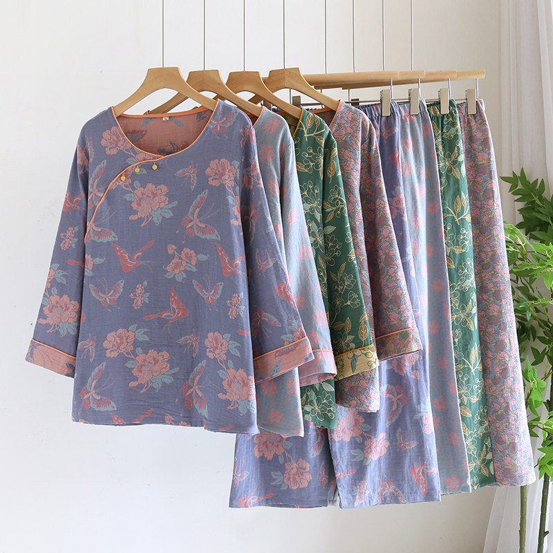 中国风复古盘扣睡衣女春秋夏纯棉纱布提花长袖薄款古典优雅家居服,女士内衣/男士内衣/家居服,睡衣/家居服套装,淘宝优惠券,粉丝福利购,淘宝优惠卷