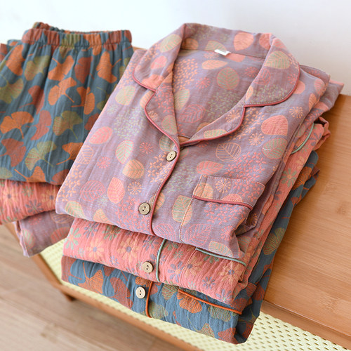 女士纯棉水洗棉纱布复古睡衣