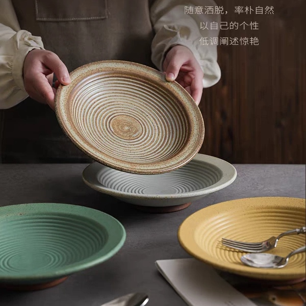粗陶斗笠意面西餐沙拉圆碟日式复古螺纹陶瓷盘特色面碗