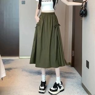 抽绳工装 大摆伞裙 半身裙女夏季 小个子a字半裙高腰遮跨显瘦中长款