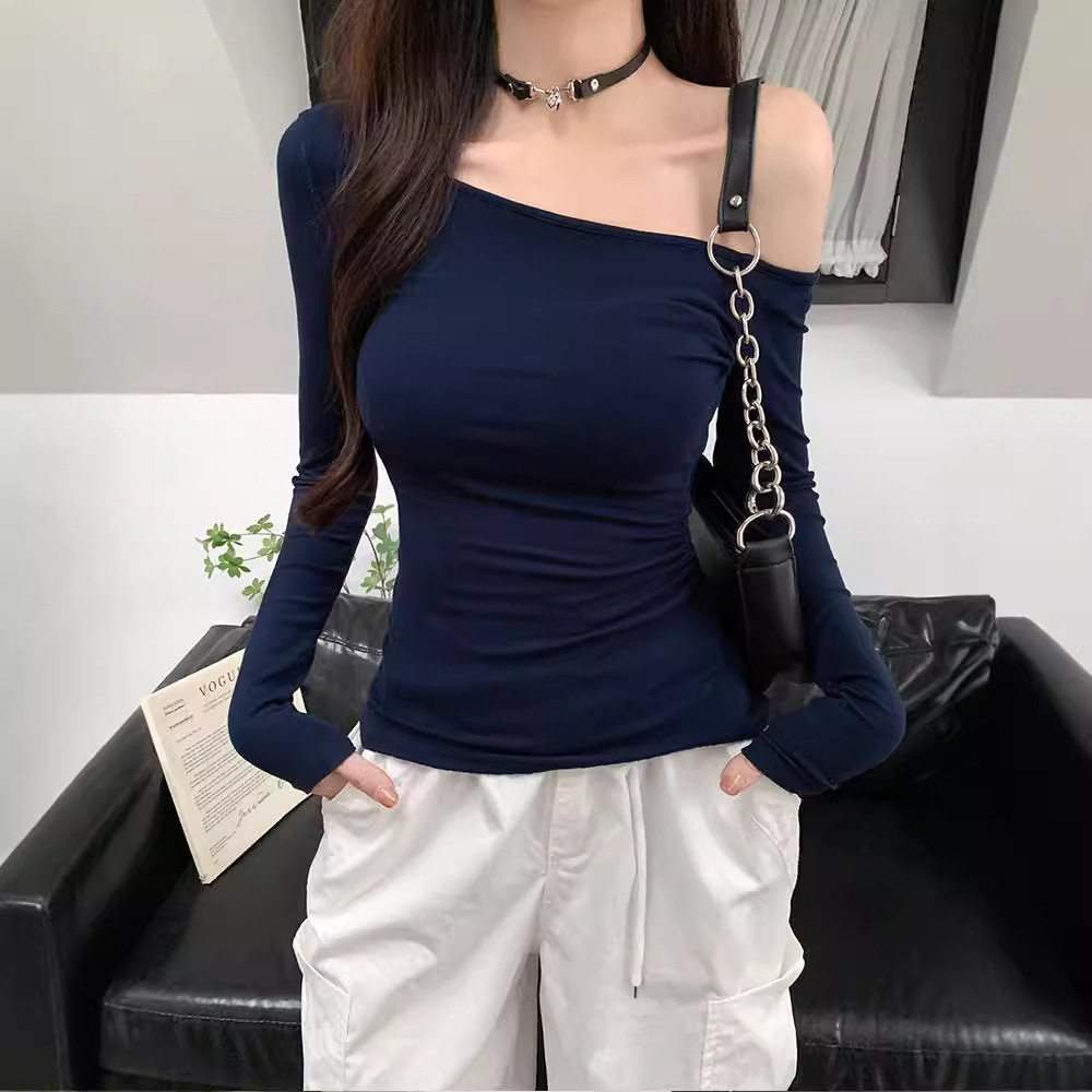 纯欲斜肩长袖T恤女早春2025新款超火ins修身显瘦辣妹小众露肩上衣
