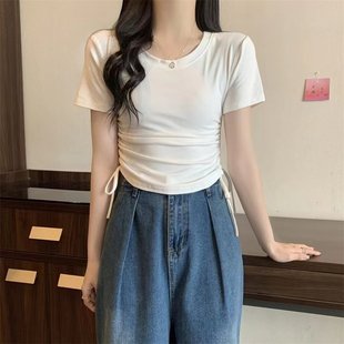 上衣 2025夏季 新款 白色设计感褶皱抽绳圆领正肩T恤女修身 显瘦短袖