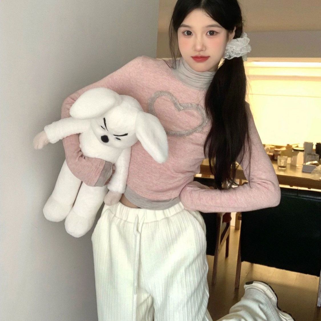 美式辣妹半高领爱心长袖t恤女