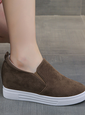 春秋绒面厚底41大码鞋内增高6CM坡跟乐福鞋磨砂运动鞋高跟单鞋女