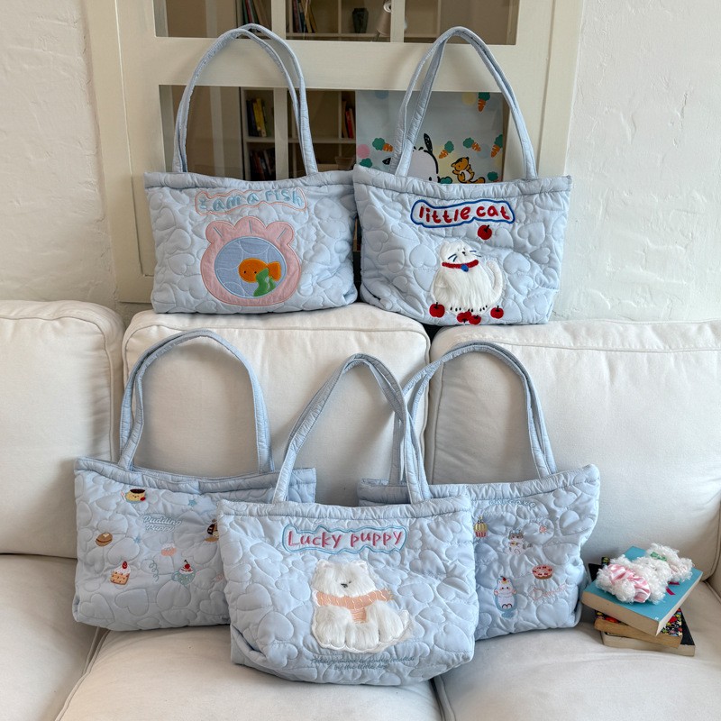 2025新款绗棉大容量通勤托特包女卡通刺绣休闲包轻便百搭单肩包