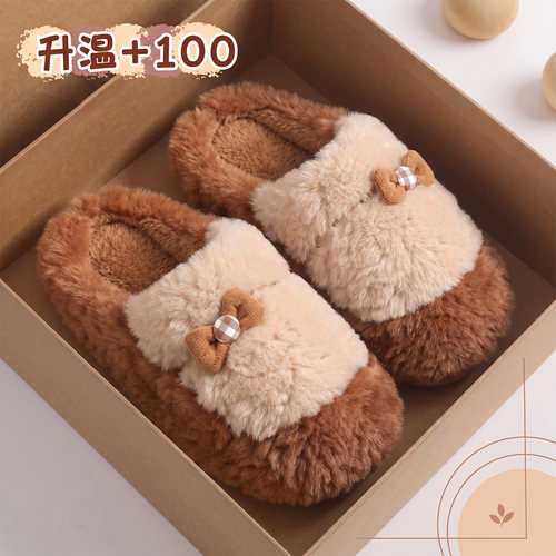 秋冬女款防滑静音加绒蝴蝶结棉拖