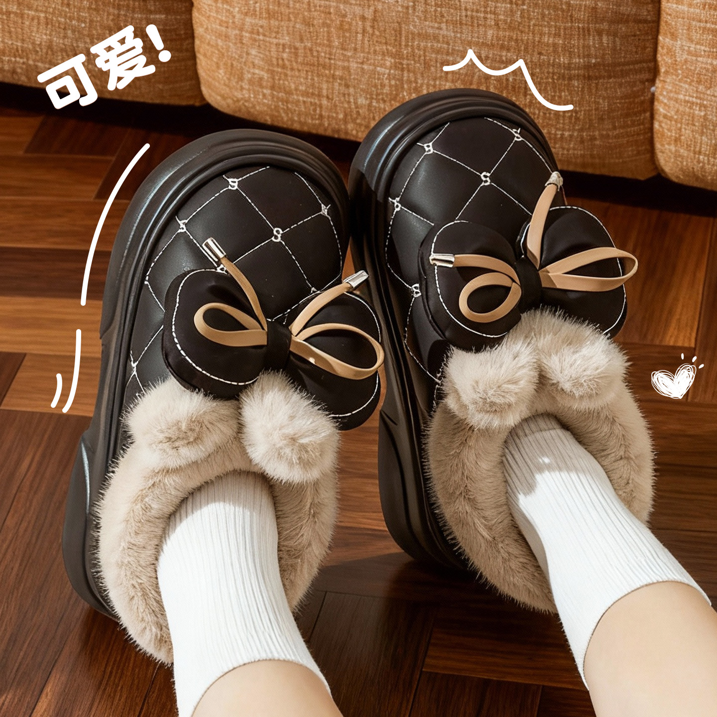 可爱蝴蝶结棉鞋女士防水防滑冬季加绒保暖厚底增高包跟外穿棉拖鞋