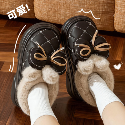 冬季女士蝴蝶结防滑加绒棉拖鞋
