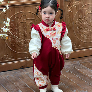 婴儿过年衣服新中式 女宝宝满月百天周岁宴礼服拜年服 连体衣春秋季