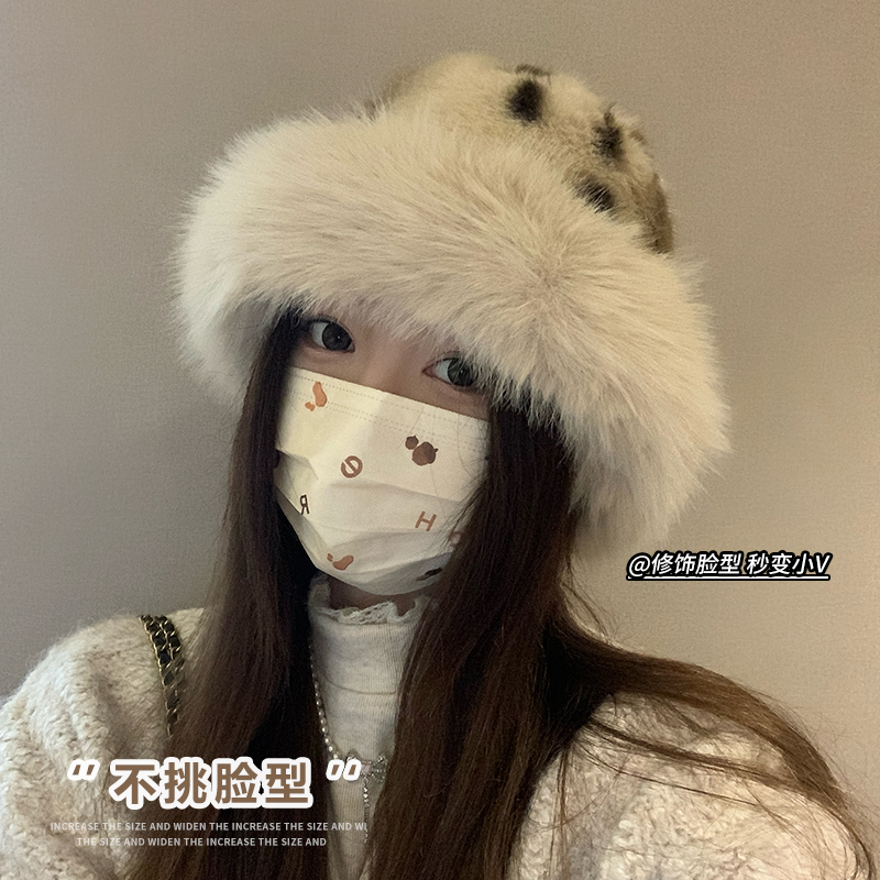 豹纹毛绒渔夫帽子女冬季百搭显脸