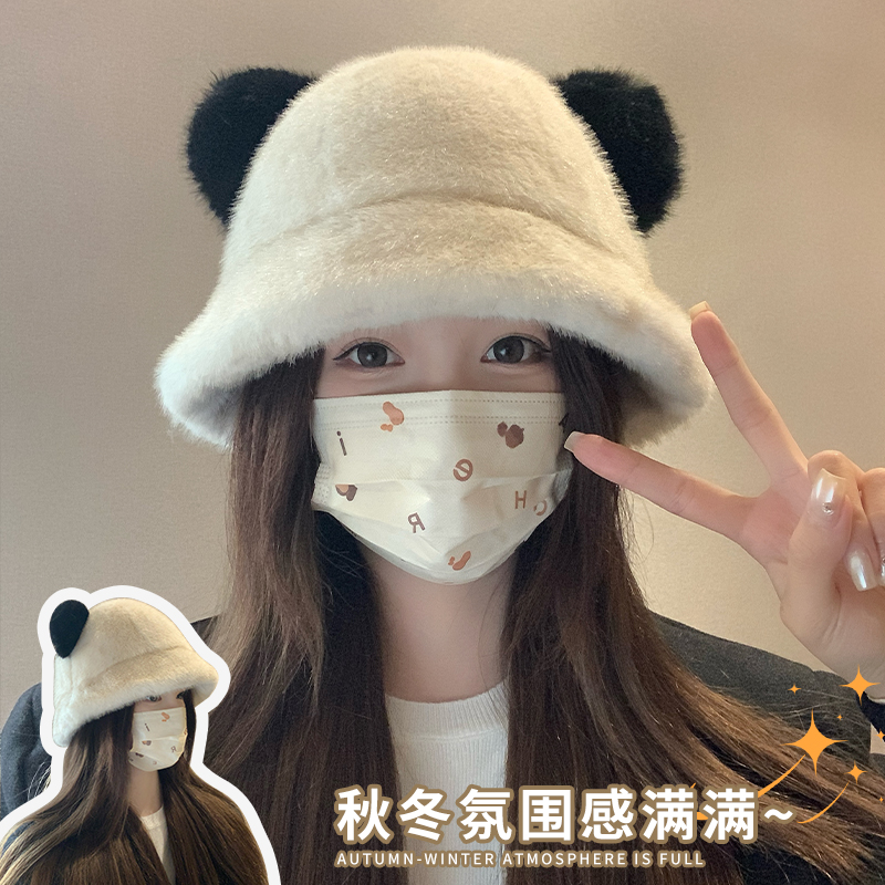 可爱小熊毛绒帽女2025新款冬季