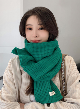 韩版柔软绿色针织百搭毛线围巾女秋冬季小众纯色加厚保暖外搭围脖