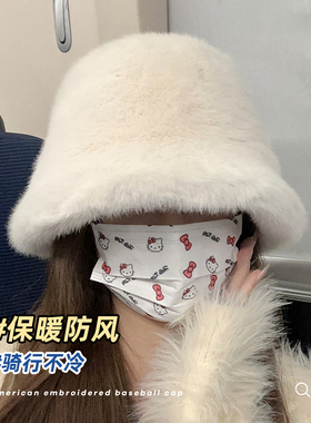帽子女秋冬大头围白色毛绒渔夫帽保暖防寒百搭高级感软糯护耳盆帽