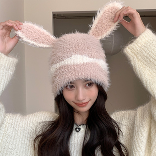 兔耳朵帽子女冬季2025新款可爱骑车防风护耳加绒保暖冬天女包头帽