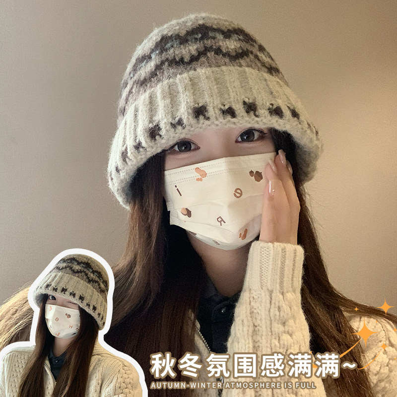 费尔岛风针织帽子女大头围渔夫帽