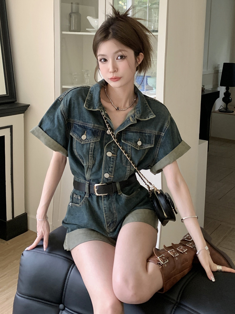 Sweet cool denim jumpsuit Hong Kong style roll-up shorts women's summer retro waist shows skinny wide-leg pantard suit