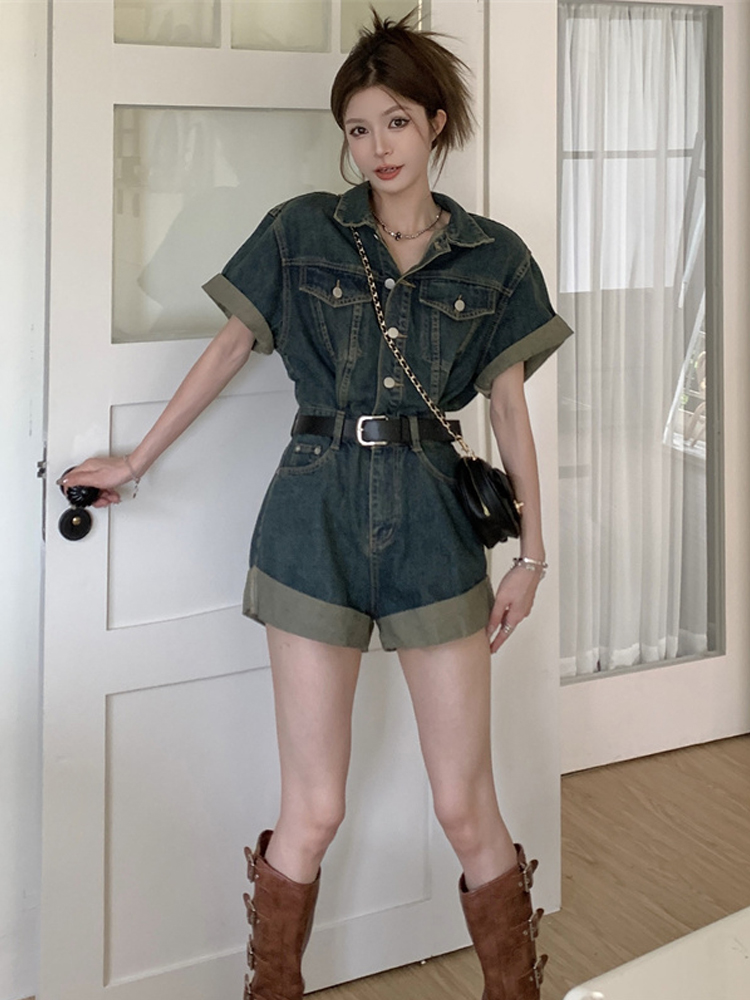 Sweet cool denim jumpsuit Hong Kong style roll-up shorts women's summer retro waist shows skinny wide-leg pantard suit