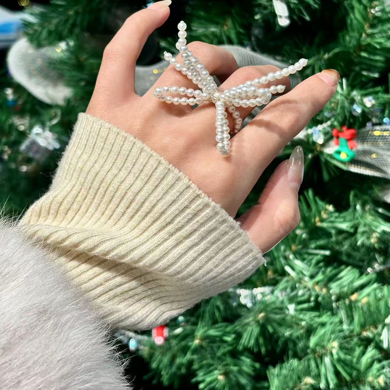 银S925淡水珍珠蝴蝶结弹力绳戒指