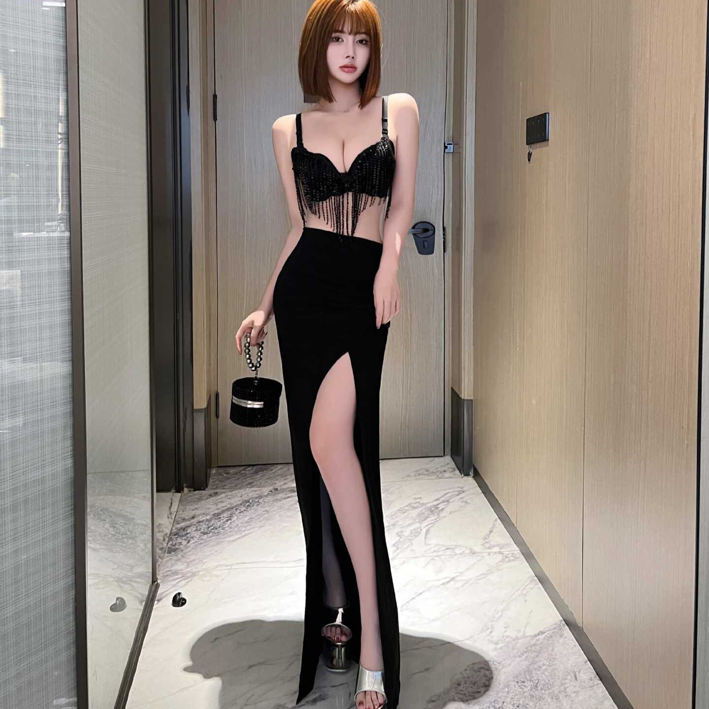 夜店性感网纱拼接透视吊带连衣裙包臀礼服开叉夜场露背长裙工作服