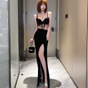 夜店性感网纱拼接透视吊带连衣裙包臀礼服开叉夜场露背长裙工作服