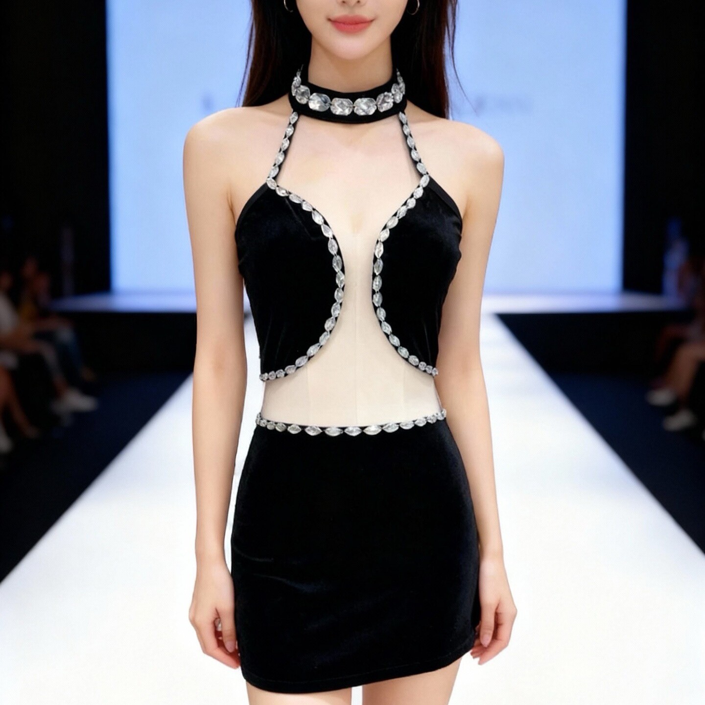 夜店性感挂脖连衣裙2026黑色丝绒高端晚会礼服轻奢镶钻露背短裙