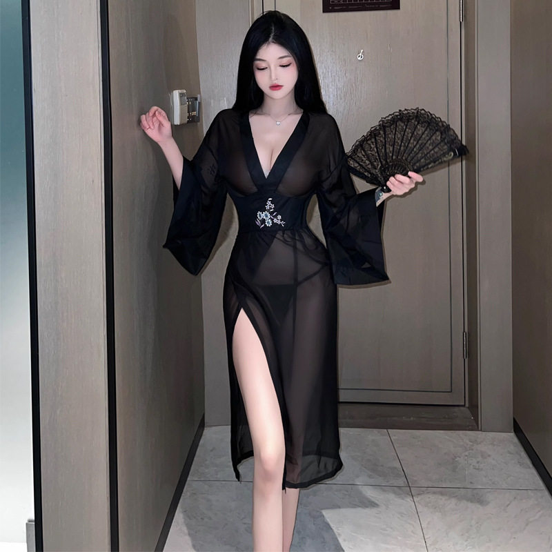 欧美2025跨境外贸中国风刺绣汉服长裙性感透视收腰连衣裙夜场技师