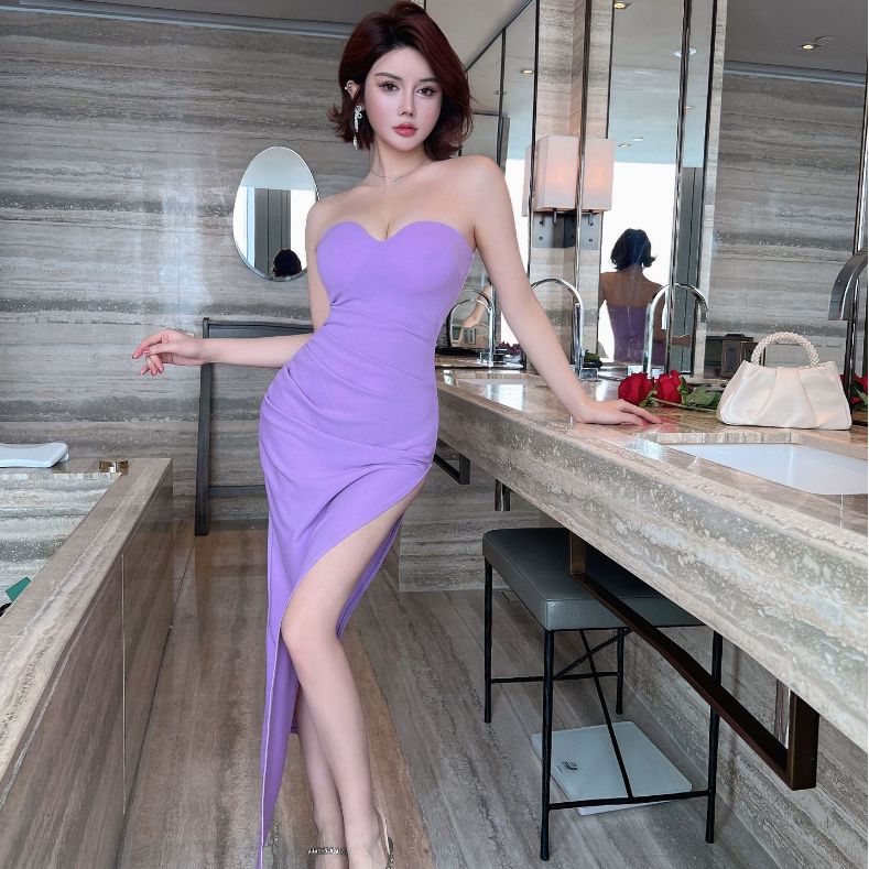 夜店包臀裙混纺纯色开叉