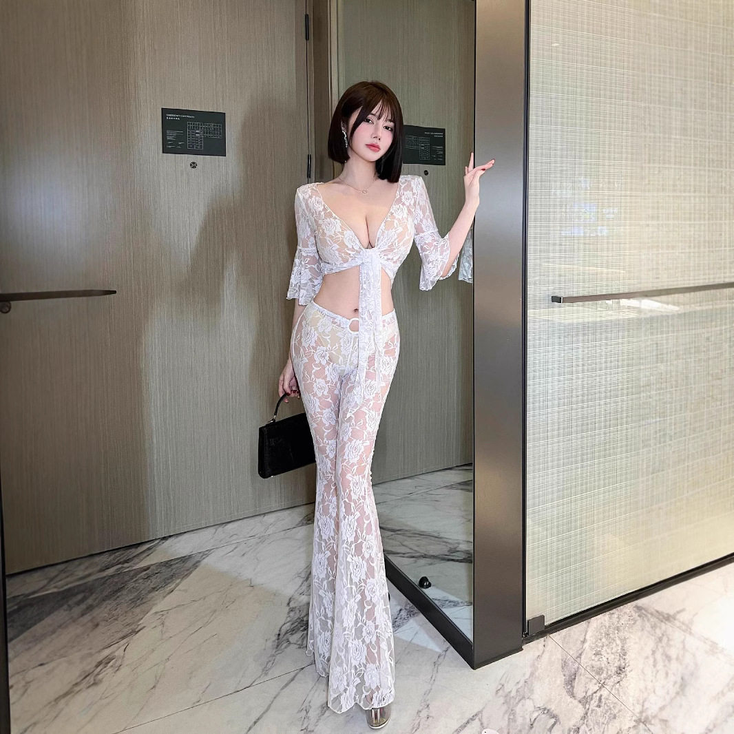 夜店性感蕾丝透视低胸镂空上衣女长裤套装夜场KTV会所全透喇叭裤