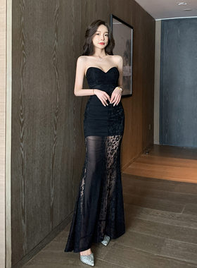 夜总店性感低胸蕾丝抹胸连衣裙桑拿技师工作服长款露背长裙晚礼服