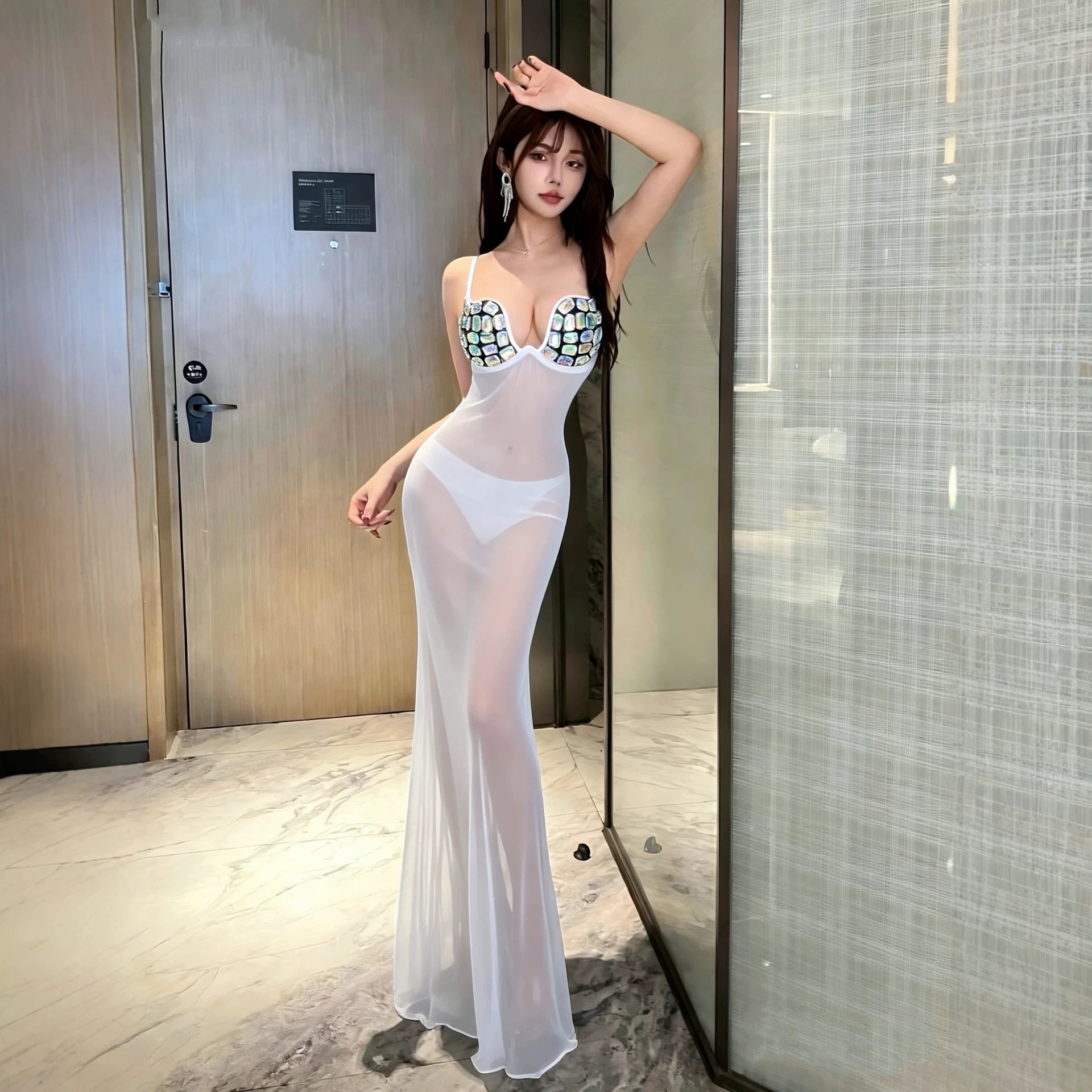 夜店装欧美风夜场上班衣服性感名媛透视晚礼服炫彩烫钻深漏胸深V